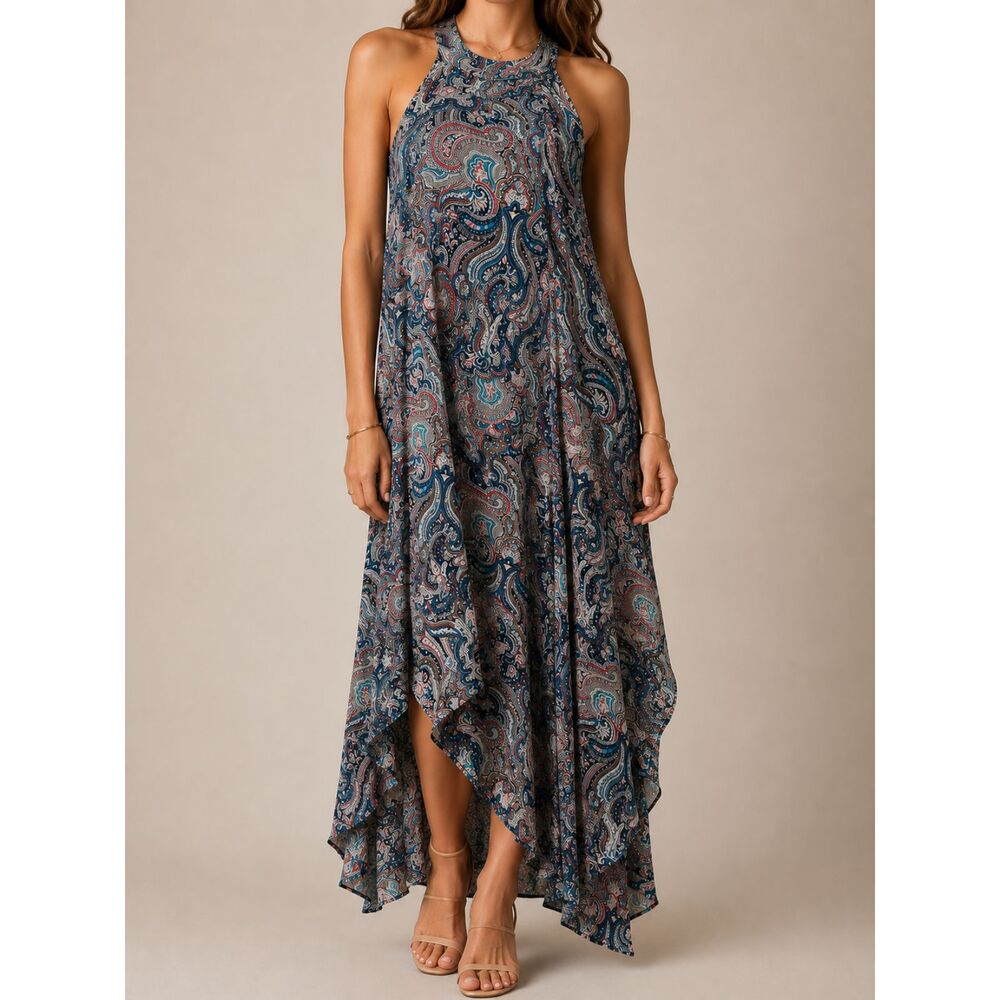 Bailey Blue Paisley High Neck Handkerchief Hem Maxi Dress Coastal Cowgirl S